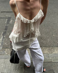 0122stepll Sheer Ruffle Tie Camisole Top