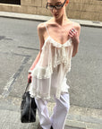 0122stepll Sheer Ruffle Tie Camisole Top
