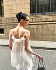 0122stepll Sheer Ruffle Tie Camisole Top