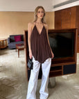 0122stepll Pleated Halter Draped Camisole Top