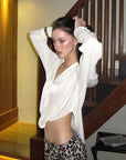 0122stepll Sheer Twisted Draped Satin Shirt