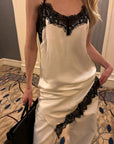 0122stepll Lace-Trim Asymmetric Satin Slip Dress
