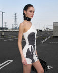 0122stepll Robe courte asymétrique à imprimé pinceau