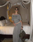 0122stepll Off-Shoulder Graphic T-Shirt & Draped Maxi Skirt Set
