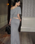 0122stepll Off-Shoulder Graphic T-Shirt & Draped Maxi Skirt Set
