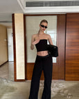 0122stepll Strapless Tube Top & Lace Waist Wide-Leg Pants Set