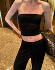 0122stepll Strapless Tube Top & Lace Waist Wide-Leg Pants Set