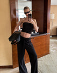 0122stepll Strapless Tube Top & Lace Waist Wide-Leg Pants Set