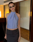 0122stepll Striped Halter Draped Top Vest