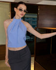 0122stepll Striped Halter Draped Top Vest