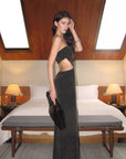 0122stepll Robe maxi drapée sans bretelles à découpes