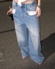 0122stepll Contrast Pocket Wide-Leg Denim Pants