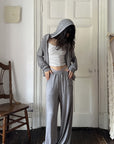 WARDEN EDGE Minimal Lounge Three Piece Set with Zip-Up Hoodie, Striped Cropped Camisole and Wide Leg Sweatpants