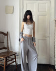 WARDEN EDGE Minimal Lounge Three Piece Set with Zip-Up Hoodie, Striped Cropped Camisole and Wide Leg Sweatpants