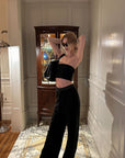 0122stepll Strapless Tube Top & Lace Waist Wide-Leg Pants Set