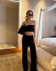 0122stepll Strapless Tube Top & Lace Waist Wide-Leg Pants Set