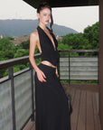 0122stepll Haut halter à décolleté plongeant & Ensemble jupe maxi à taille basse