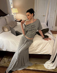 0122stepll Off-Shoulder Graphic T-Shirt & Draped Maxi Skirt Set