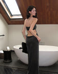0122stepll Robe maxi drapée sans bretelles à découpes