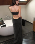 0122stepll Robe maxi drapée sans bretelles à découpes