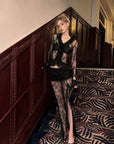 0122stepll Sheer Ruffle Lace Top & Draped Lace Skirt Set