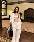 0122stepll Relaxed Linen Suit Set Blazer Pants & Wrap Skirt Overlay