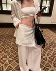 0122stepll Relaxed Linen Suit Set Blazer Pants & Wrap Skirt Overlay