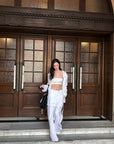 0122stepll Relaxed Linen Suit Set Blazer Pants & Wrap Skirt Overlay