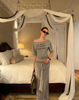 0122stepll Off-Shoulder Graphic T-Shirt & Draped Maxi Skirt Set