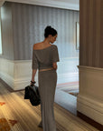 0122stepll Off-Shoulder Graphic T-Shirt & Draped Maxi Skirt Set