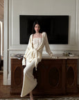 0122stepll Tie-Front Cardigan Button Knit Vest Maxi Skirt Set