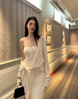 0122stepll Tie-Front Cardigan Button Knit Vest Maxi Skirt Set