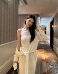0122stepll Tie-Front Cardigan Button Knit Vest Maxi Skirt Set