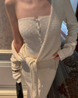 0122stepll Tie-Front Cardigan Button Knit Vest Maxi Skirt Set