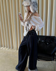 0122stepll Distorted Graphic Off-Shoulder Oversized Long Sleeve Top