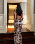 0122stepll Zebra Satin Backless Maxi Dress