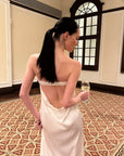 0122stepll Robe longue bustier en satin dos nu