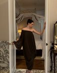 0122stepll オフショルダードレープスリーブミディドレス