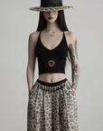 DOINDULGE Beaded Motif Halter Knit Top Ribbed V-Neck Cropped Camisole