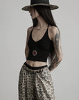 DOINDULGE Beaded Motif Halter Knit Top Ribbed V-Neck Cropped Camisole