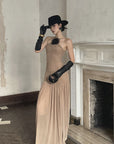 ROVENTE Ruched Mesh Maxi Dress with Detachable Floral Brooch and Flowing Hem