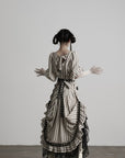 DOINDULGE Striped Square-Neck Fitted Waist Dress with Lace Trim