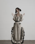 DOINDULGE Striped Square-Neck Fitted Waist Dress with Lace Trim