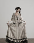 DOINDULGE Striped Square-Neck Fitted Waist Dress with Lace Trim