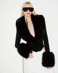 0122stepll Faux Fur Collar Plunge Bodysuit