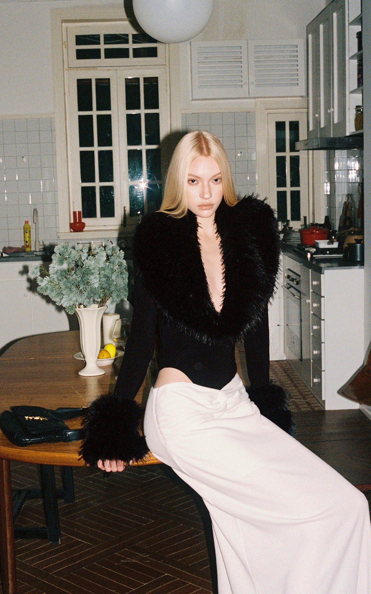 0122stepll Faux Fur Collar Plunge Bodysuit