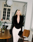 0122stepll Faux Fur Collar Plunge Bodysuit