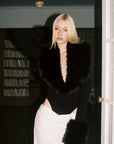 0122stepll Faux Fur Collar Plunge Bodysuit