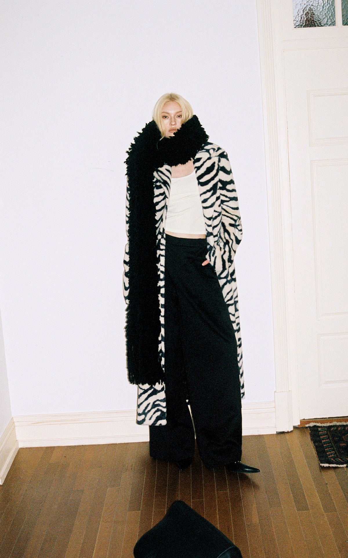 0122stepll Zebra Faux Fur Long Coat