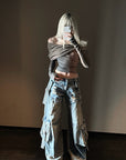 Rase le sol Distressed Wide-Leg Denim Pants